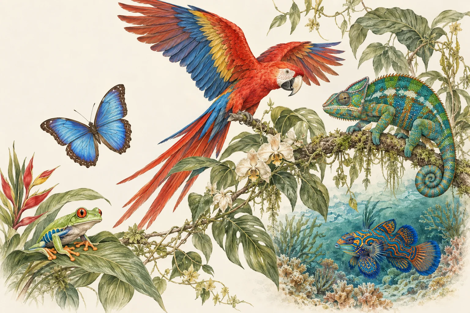 Decorative illustrated montage of a scarlet macaw, chameleon, butterfly, tree frog and mandarin fish