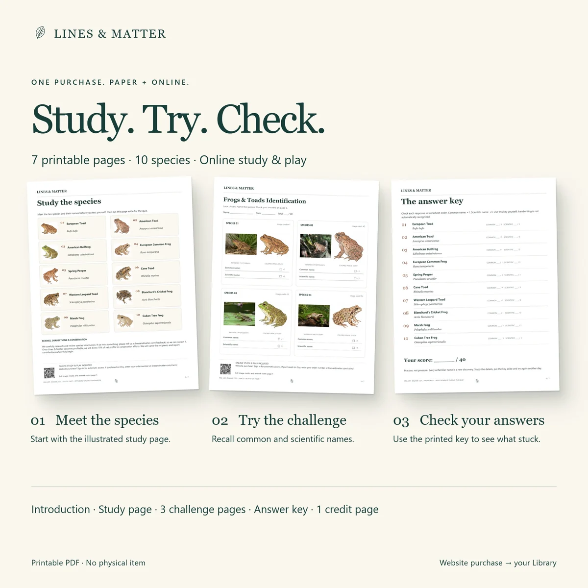 Frogs & Toads: Study pages, printable challenges, answer keys and source credits.