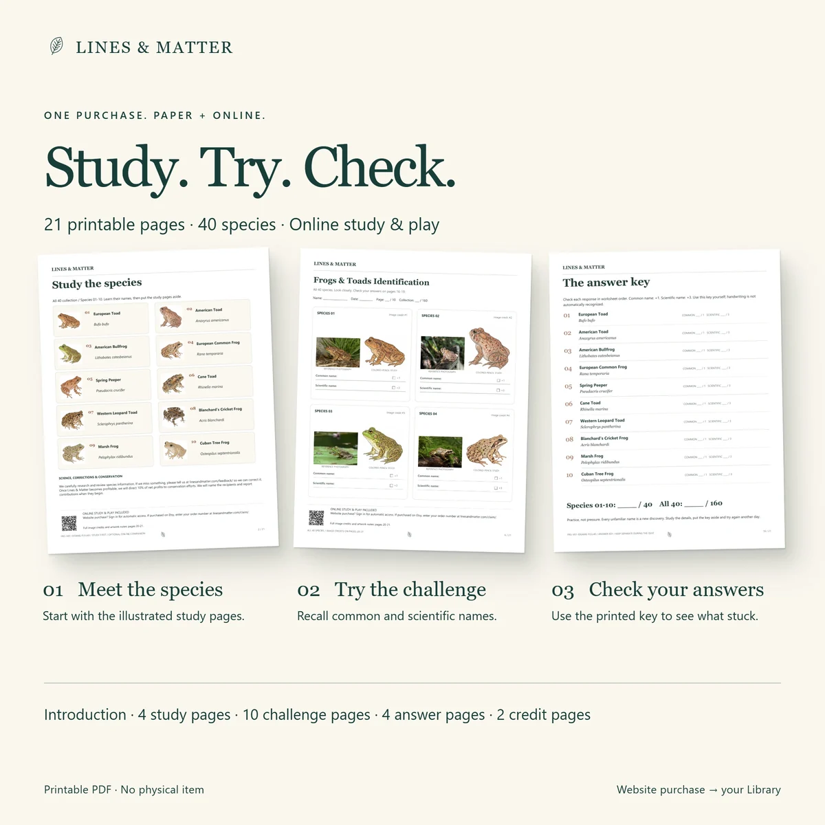 Frogs & Toads: Study pages, printable challenges, answer keys and source credits.